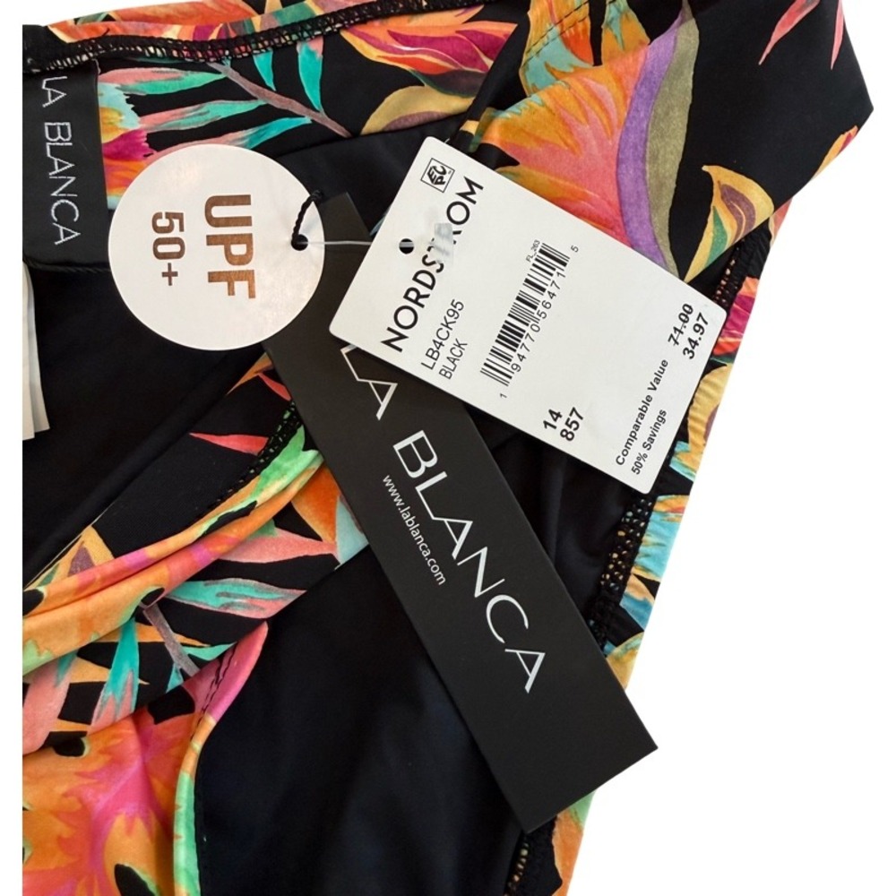 LA BLANCA Tropical Leaf Print Foldover Bikini Bottoms Black Orange Green Size 14 - Picture 5 of 8